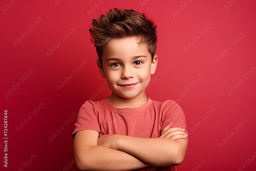 Portrait of a cute little boy with folded arms on a red background Portrait of a cute little boy with folded arms on a red background