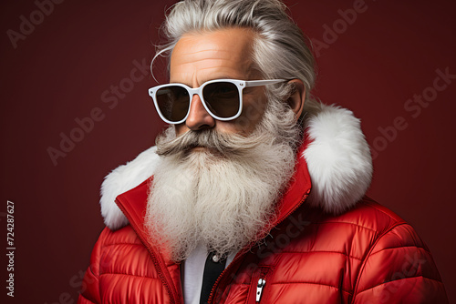 fashionable respectable man with a white beard, glasses and red clothes. portrait of a metrosexual and a successful man