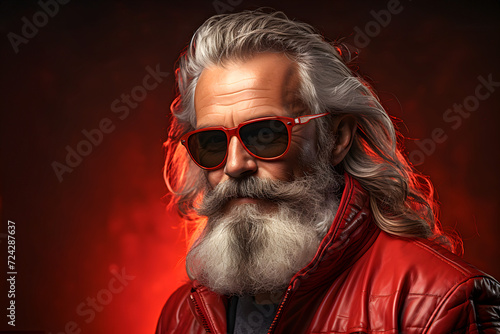 fashionable respectable man with a white beard wearing sunglasses and a red jacket. portrait of a metrosexual and a successful man © photosaint