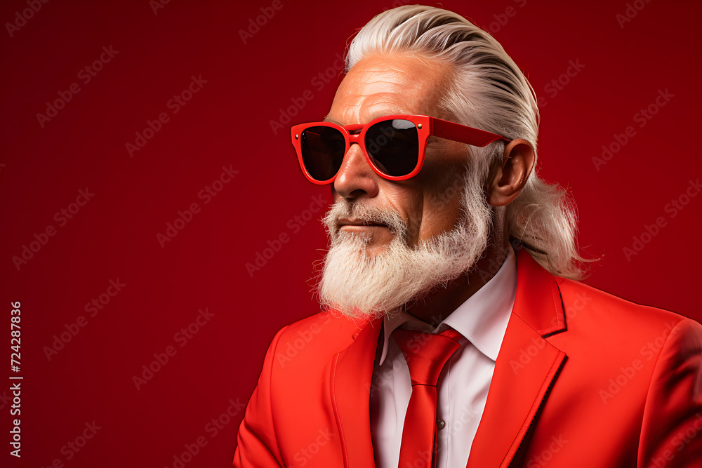 fashionable respectable man with a white beard wearing glasses and a red jacket. portrait of a metrosexual and a successful man fashionable respectable man with a white beard wearing glasses and a red jacket. portrait of a metrosexual and a successful man