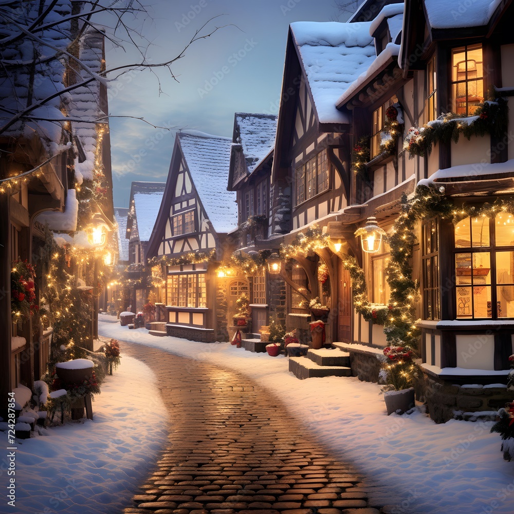 Snowy street in old town of Strasbourg, Alsace, France