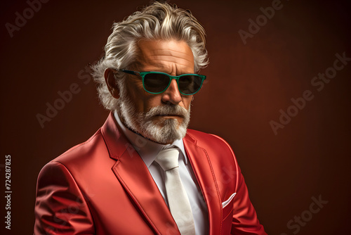 fashionable respectable man with a white beard wearing glasses and a red jacket. portrait of a metrosexual and a successful man