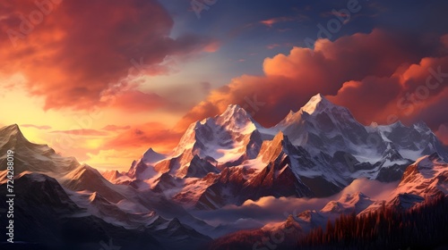 Panoramic view of snowy mountains at sunset. 3D rendering