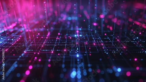 Abstract data nodes depicting data flow, in dark shades with accents of light purple, pink, and blue creating a futuristic background.
