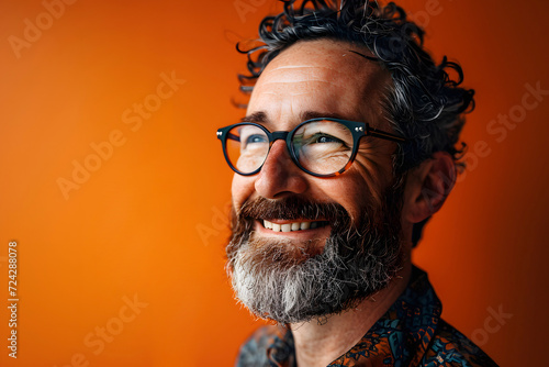 Portrait of a successful smiling bearded man in glasses on an orange background © photosaint