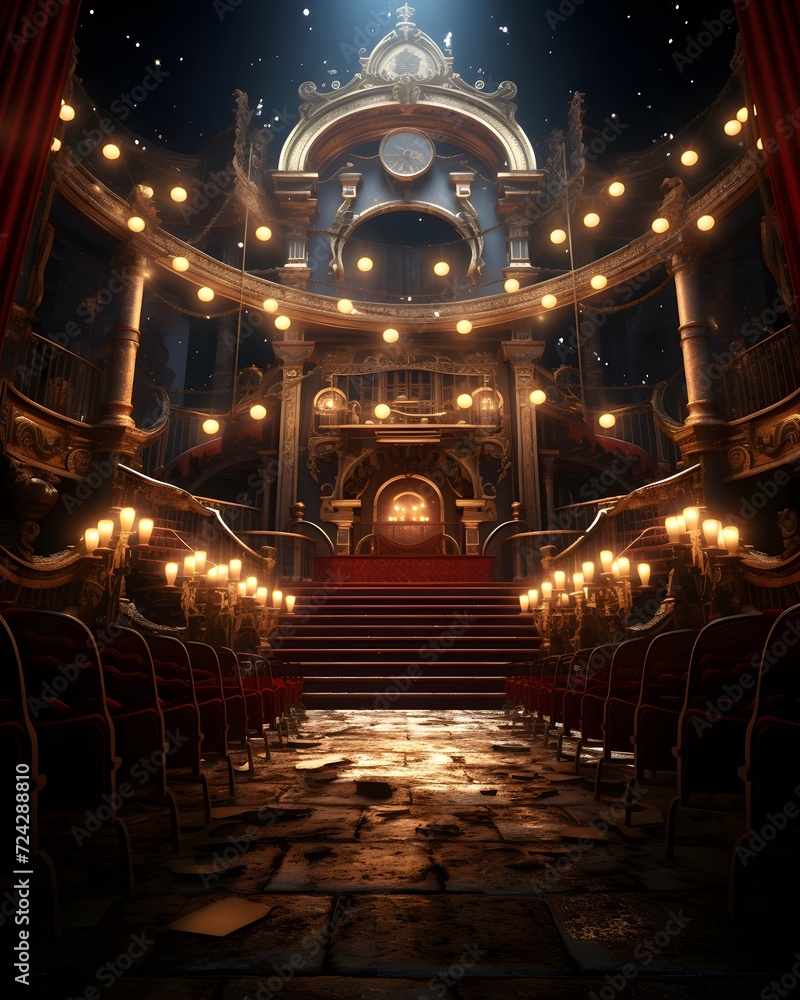 Interior of the theater with a stage and stairs. 3D rendering