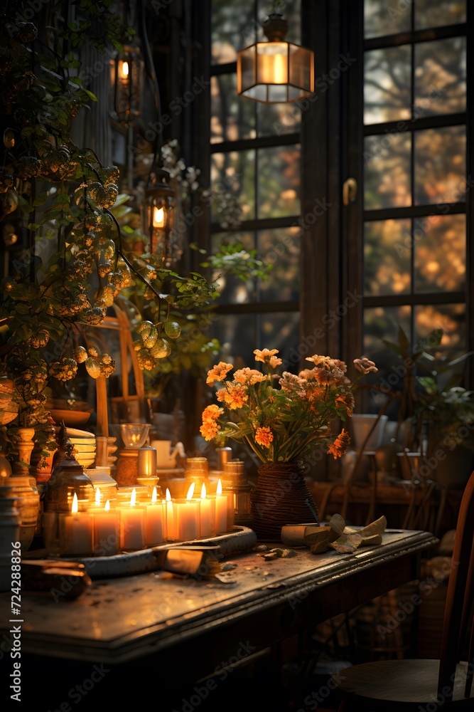 Candles and flowers on a rustic wooden table in a dark room