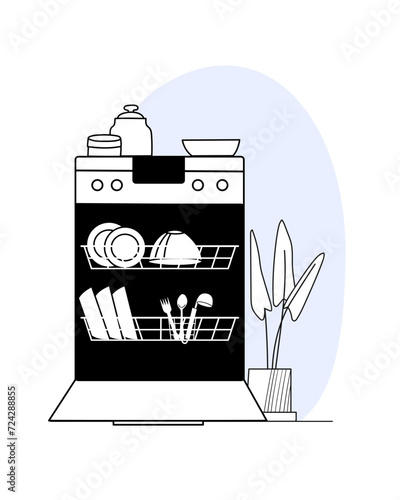 Opened dishwasher loaded with plates, bowls, spoons, forks and other dishes. Closeup kitchen interior linear illustration.