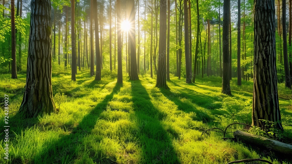 Obraz premium Enchanting silent forest in spring with beautiful bright sun rays as magical forest background