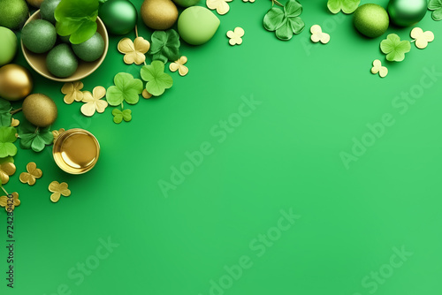 St. Patrick's Day Green and Gold Decorations on Green Background. Copy space