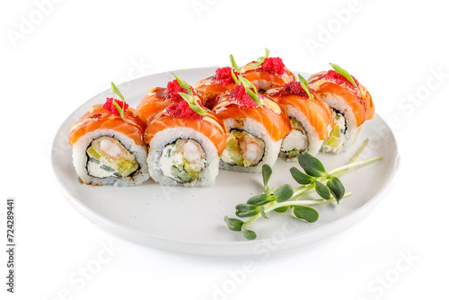 European roll with salmon and shrimp on a white background studio shooting 1