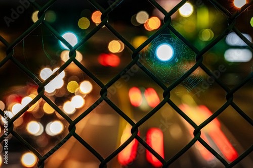 Chain-Link Fence Close-Up With Blurred City Lights in the Background at Night