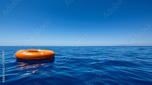 Red and white lifebuoy floating on calm open sea water surface with clear blue sky on a sunny day