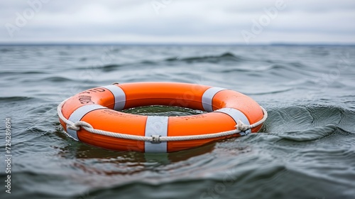 Red and white lifebuoy floating on calm sea with blue sky and horizon, reflecting sunlight
