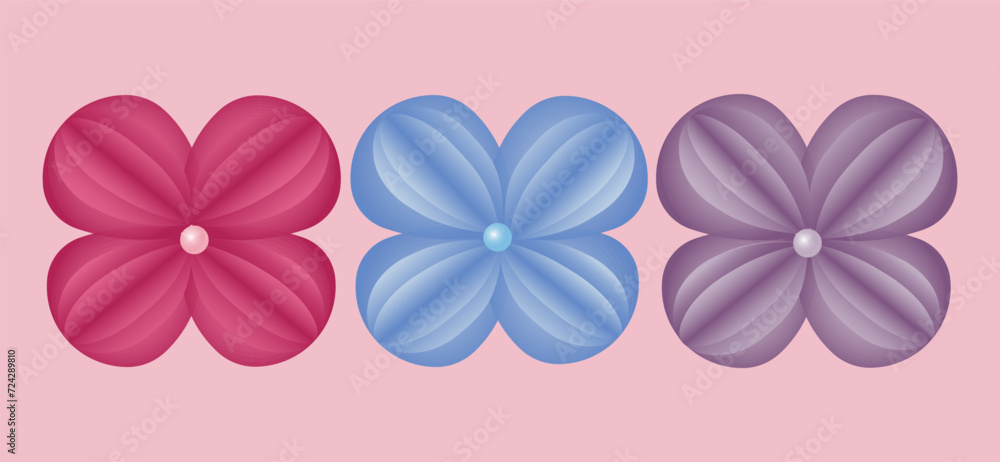Fototapeta premium Lovely pink, blue and purple bows with a pearl inside. Paper cut style. Vector graphics.