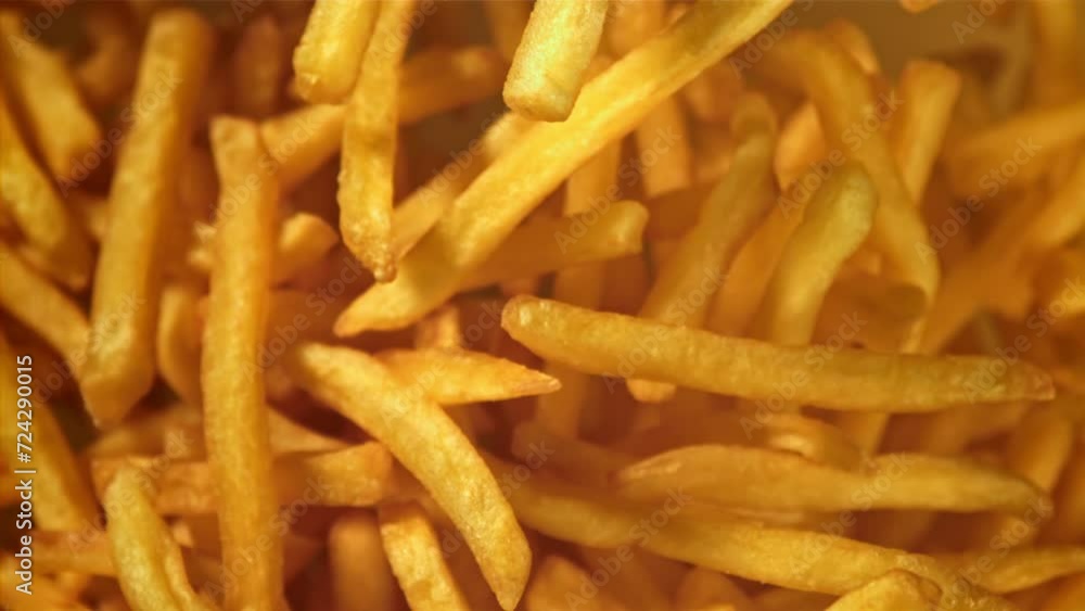 French fries fly up and fall down. Filmed on a high-speed camera at 1000 fps. High quality FullHD footage French fries fly up and fall down. Filmed on a high-speed camera at 1000 fps. High quality FullHD footage