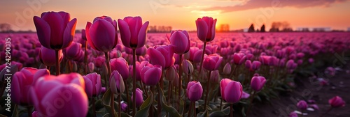 Vibrant red tulips in beautiful sunset landscape panoramic banner #724290035