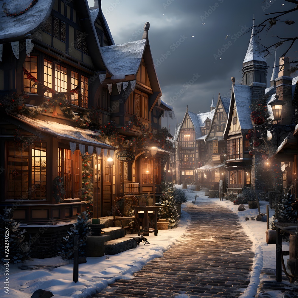 Winter night in the old town. Illustration of a snowy winter street.