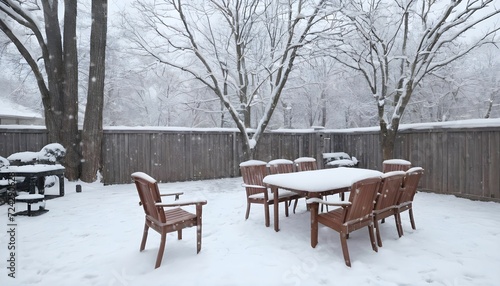 Back yard of house, trees and standing outdoor furniture covered in snow. Snowy winter day, cold weather snowy season created with generative ai