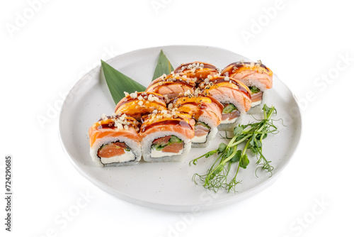 Roll scorched Aburi on a white background studio shooting 3