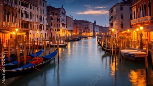 Grand Canal in Venice at night, Italy. Panoramic view