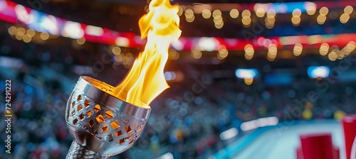 Olympic torch flame burning against blurred sports arena with copy space for text placement