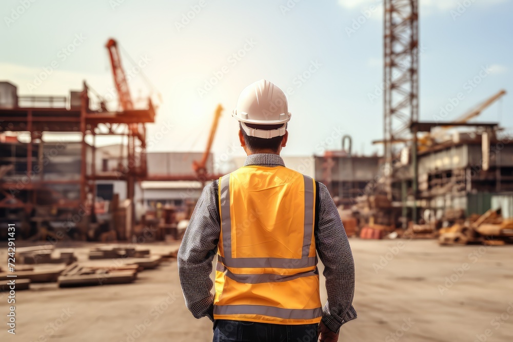 Project to build an industrial building concept. Engineer or foreman wearing safety vest and helmet at construction site. construction concept. Project to build an industrial building concept. Engineer or foreman wearing safety vest and helmet at construction site. construction concept.