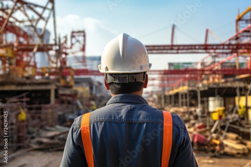 Construction site. Back view of engineer or foreman working on the construction site with crane background. construction concept. engineer concept.