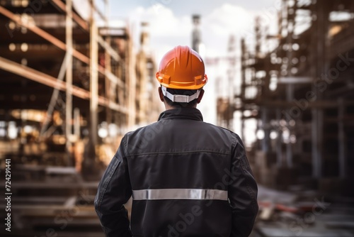 Back view of Worker Contractor Wearing Hat and Safety Vests Walks on Industrial Building Construction Site. engineer standing in front of construction site. construction concept.