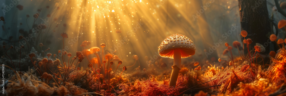a mushroom expels it spores in a warm sun beam - obrazy, fototapety, plakaty 