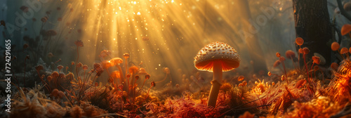 a mushroom expels it spores in a warm sun beam photo