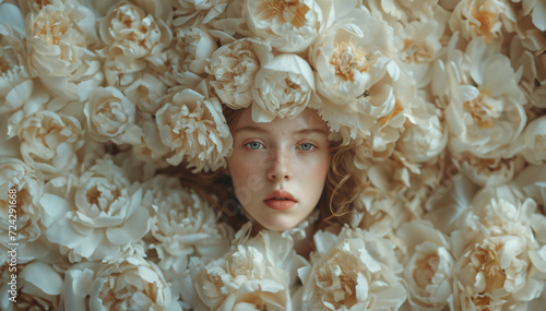 portrait of a beautiful young woman surrounded in white flowers photo