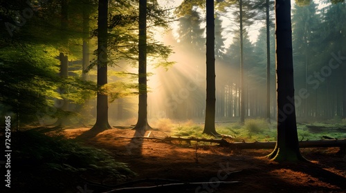 Panoramic view of the majestic green forest at sunrise. Mighty pine trees  moss  fern  plants close-up. Atmospheric dreamlike landscape. Pure nature  ecology  environmental conservation  ecotourism