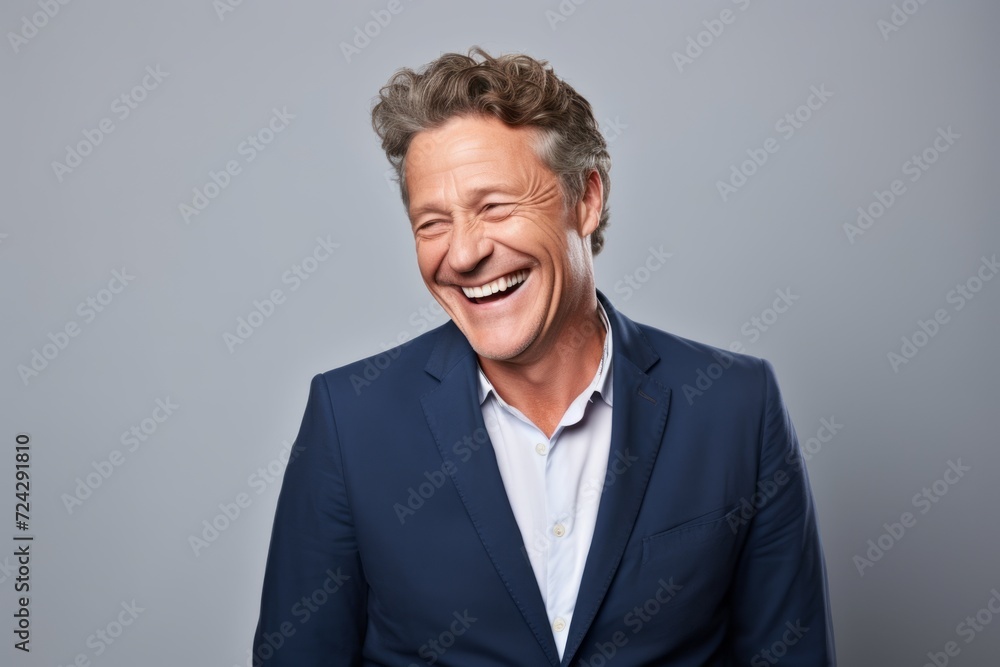 Handsome middle aged man laughing and looking at camera while standing against grey background Handsome middle aged man laughing and looking at camera while standing against grey background