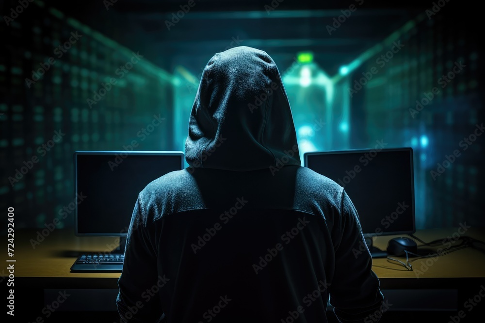 Hooded hacker in a dark room with computers and binary code. Abstract image of a hacker. Back view of hacker in the process of hacking the network. hacking and cyber crime concept. Hooded hacker in a dark room with computers and binary code. Abstract image of a hacker. Back view of hacker in the process of hacking the network. hacking and cyber crime concept.