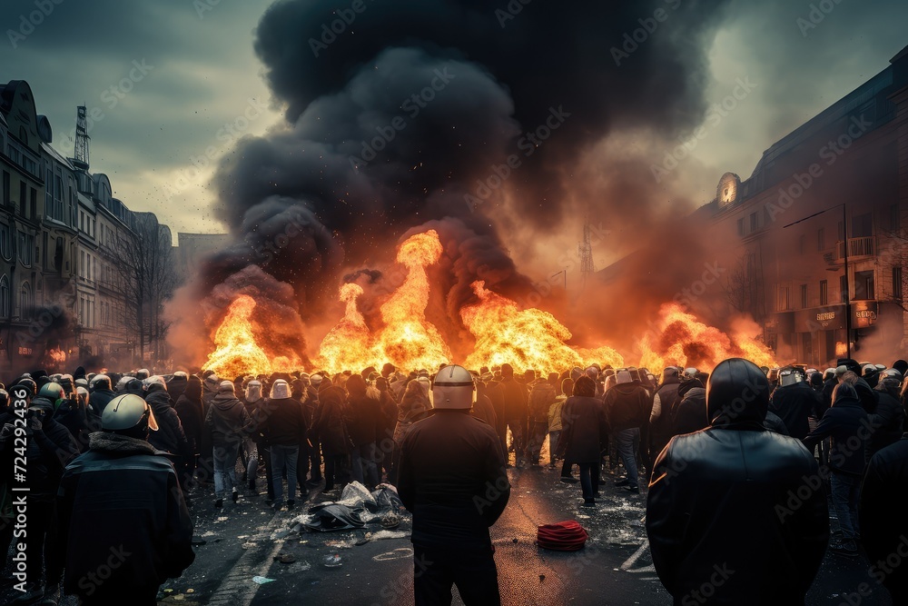 Crowd of protesters fighting for their rights. Uprising of the people against powers. mess and violence during protest like clash. Riot in city. Concept of revolution and protest. Crowd of protesters fighting for their rights. Uprising of the people against powers. mess and violence during protest like clash. Riot in city. Concept of revolution and protest.