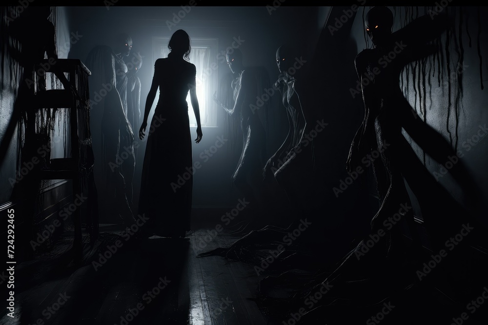 Horror scene with silhouette of a woman standing in dark room with shadow ghosts. nightmare theme. horror movie concept, ghost, spirits. scary demons in the old castle. - obrazy, fototapety, plakaty 