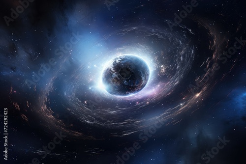 Black hole surrounded by vortex of stars and debris in space. Supermassive black hole swallowing starlight. wormhole opening in space and connecting two distant locations.