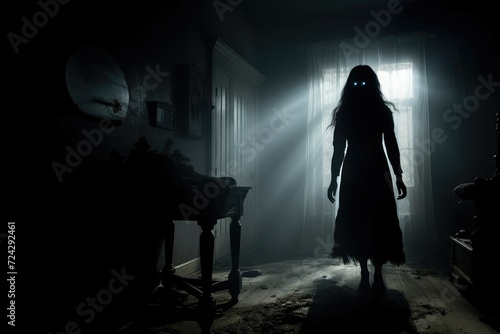 Silhouette of a woman in a dark room. Halloween. Horror film. angry spirit in the apartment.  horror movie concept, ghost, spirits. Halloween concept. © Jahan Mirovi