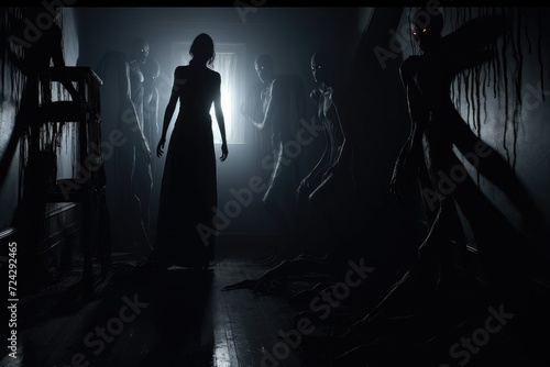 Horror scene with silhouette of a woman standing in dark room with shadow ghosts. nightmare theme. horror movie concept, ghost, spirits. scary demons in the old castle. photo