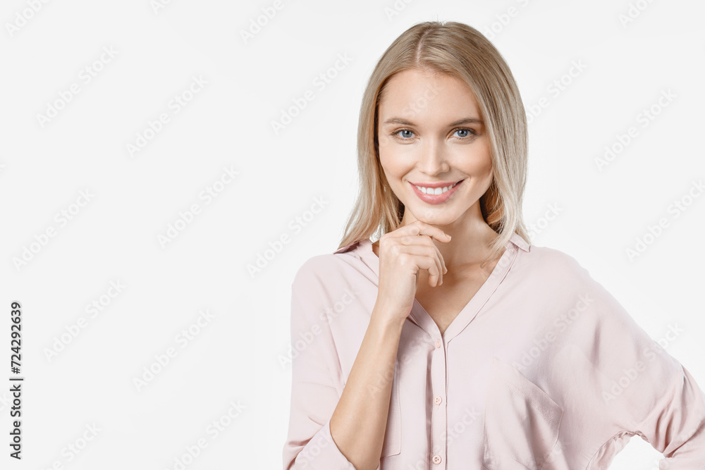 Portrait of smiling young caucasian woman with copy space. Toothy smile laughing looking at the camera. Positive flirtatious female Portrait of smiling young caucasian woman with copy space. Toothy smile laughing looking at the camera. Positive flirtatious female