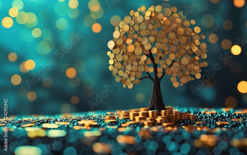 Gold Money tree of good luck and Feng Shui made of golden coins in green forest. Capital growth, investment, saving money, economy, finance and business concept