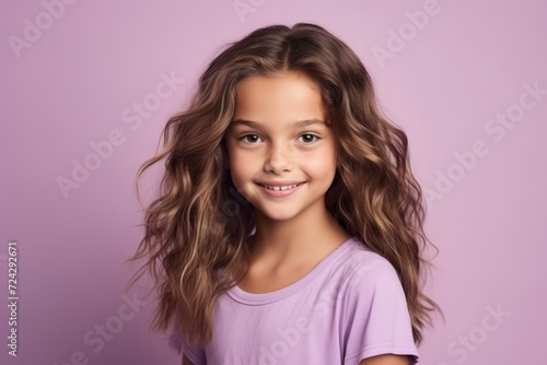 Portrait of a cute little girl with long curly hair on a purple background.