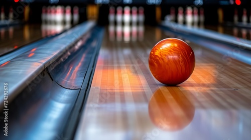 Bowling strike ball crashing into pins on alleysport competition or tournament concept.