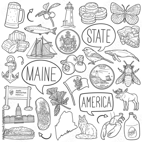 Maine State Doodle Icons Black and White Line Art. United States Clipart Hand Drawn Symbol Design.