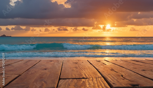 Solitude and sunset: a wooden decking on the beach, the sun slowly sinking into the sea