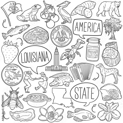 Louisiana State Doodle Icons Black and White Line Art. United States Clipart Hand Drawn Symbol Design.