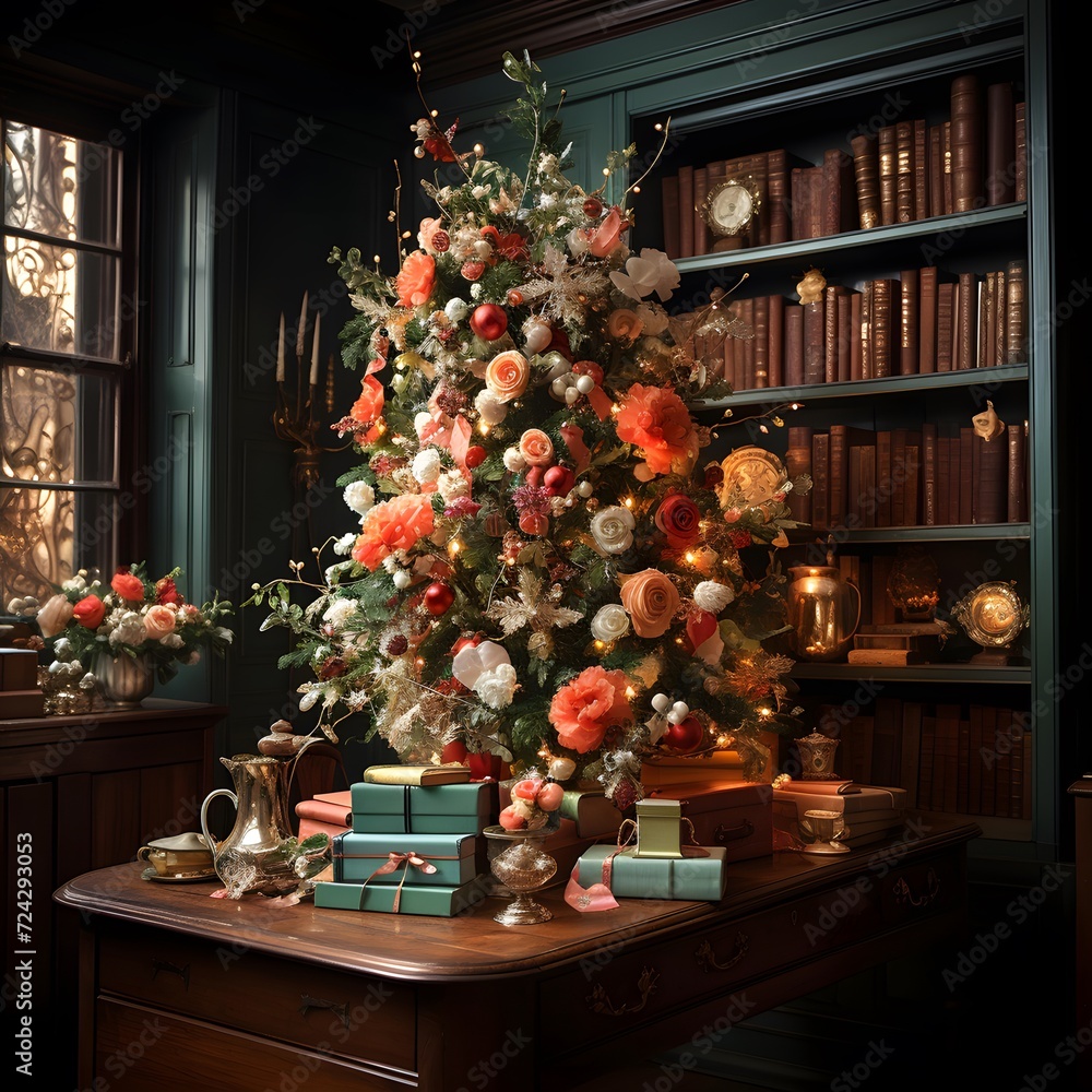 Christmas tree with gifts on the background of bookshelves and books