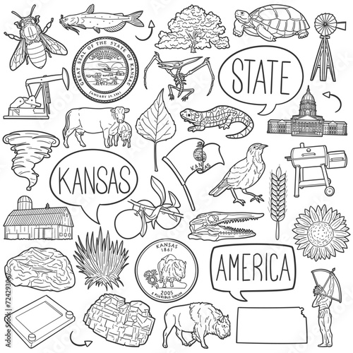 Kansas State Doodle Icons Black and White Line Art. United States Clipart Hand Drawn Symbol Design.