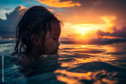 child on the beach at sunset